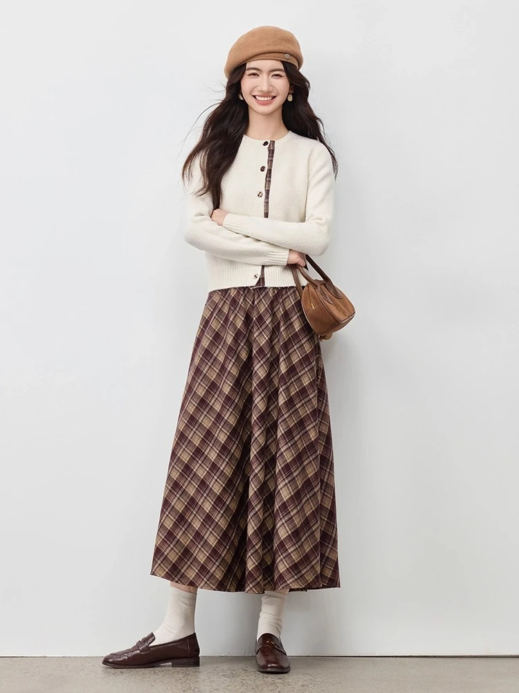 

SENTUBILA Casual Skirt Sets Woman Knitted Cardigan Elastic Waist Plaid A-line Skirt 2025 Autumn Commute Two-piece Set 753ZC3331