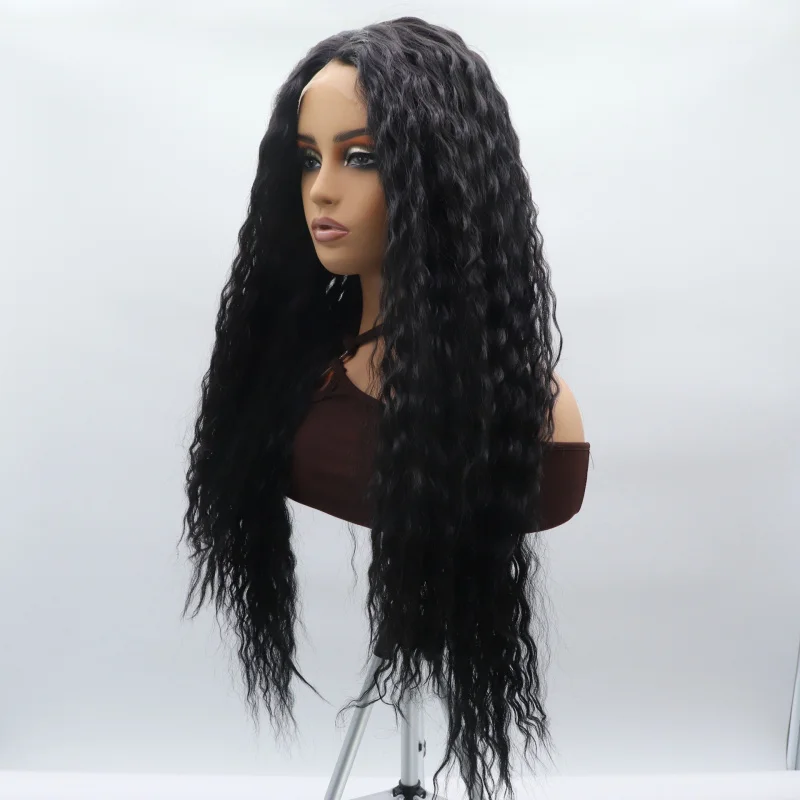 European and American hand-woven wig for women, front lace long hair, African black small curly synthetic fiber full