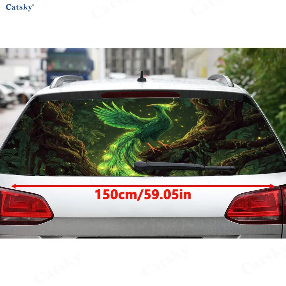 Forest Green Phoenix PVC Perforated Car Vinyl Wraps, Durable Car Rear Windshield Sticker, Waterproof Car Rear Window Decal