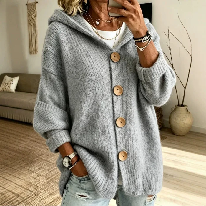 Women's Hooded Knit Sweater Cardigan New 2026 Female Autumn Winter 3/4 Rolled Cuff Sleeve Button Sweater Coat Casual Outerwear