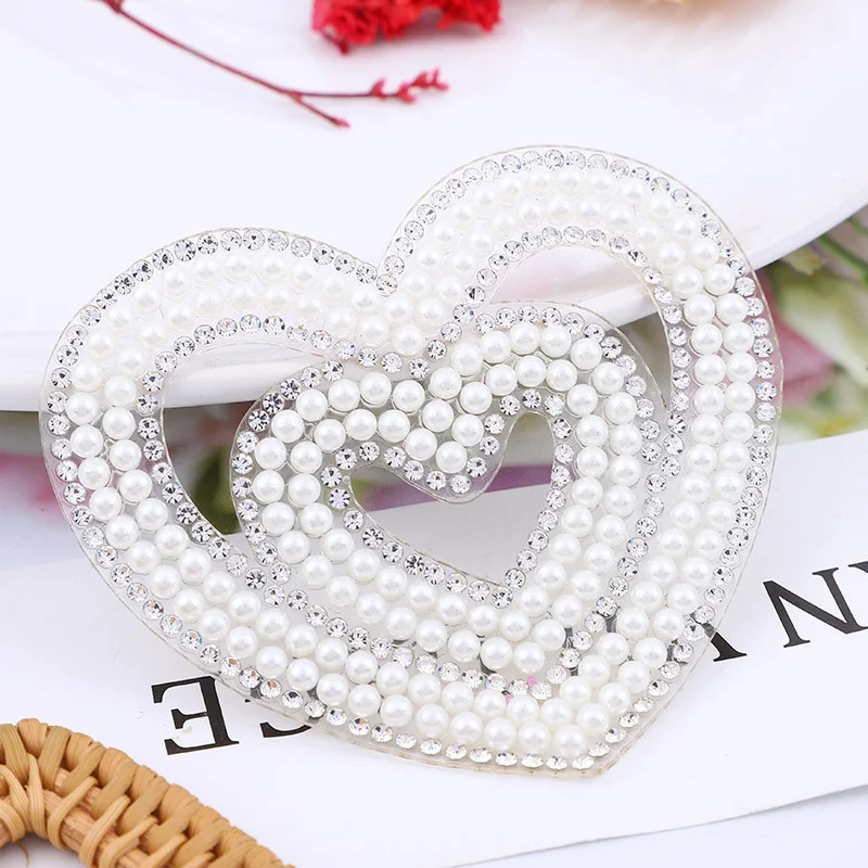 Heart Patches Iron on Rhinestone Applique Thermal Badges Pearl DIY For Clothing Jacket Backpack Sewing Decorative BX061