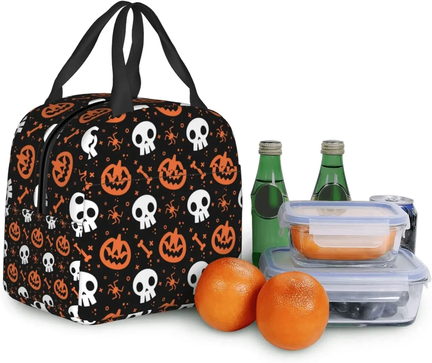 Halloween Skull and Pumpkin Lunch Bag Insulated Reusable Lunch Box Thermal Tote Bag Container Cooler Bag for Women Men Work