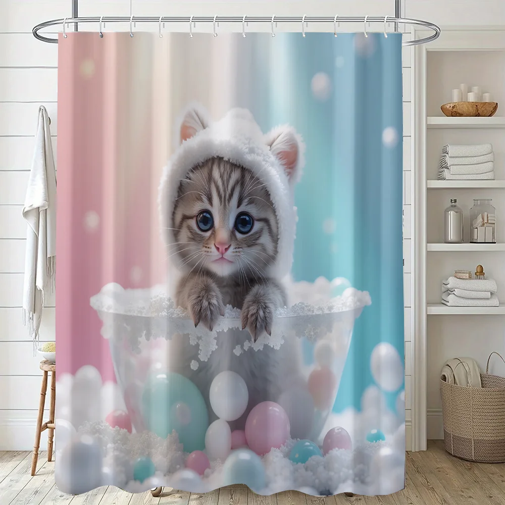 1pc Tiger Striped Kitten Cute Pattern Printed Shower Curtain, Fresh Dreamy Colors, Suitable for Windows, Walls, Bathtubs, Bathro