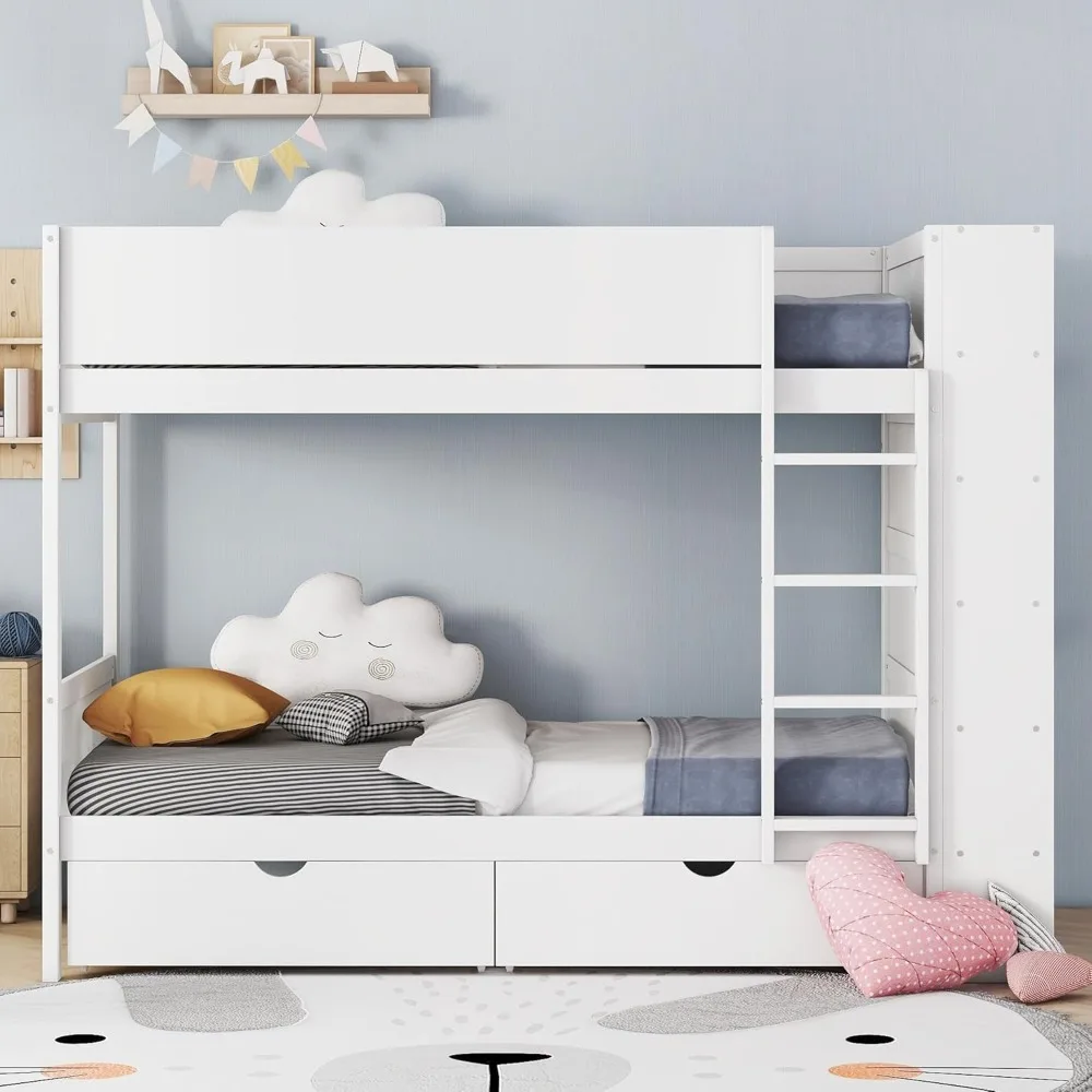 Beliche branco Merax Twin sobre Twin com gavetas de armazenamento e armário de vários camadas, estante incluída, sem necessidade de molas