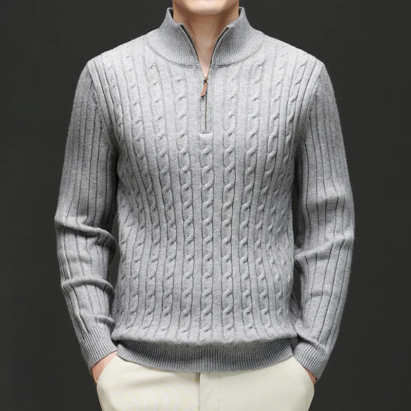 

2025 Autumn Winter New Men Semi High Neck Zipper Sweater Fine Knit Texture Warm Business Casual Top Fashion Desin