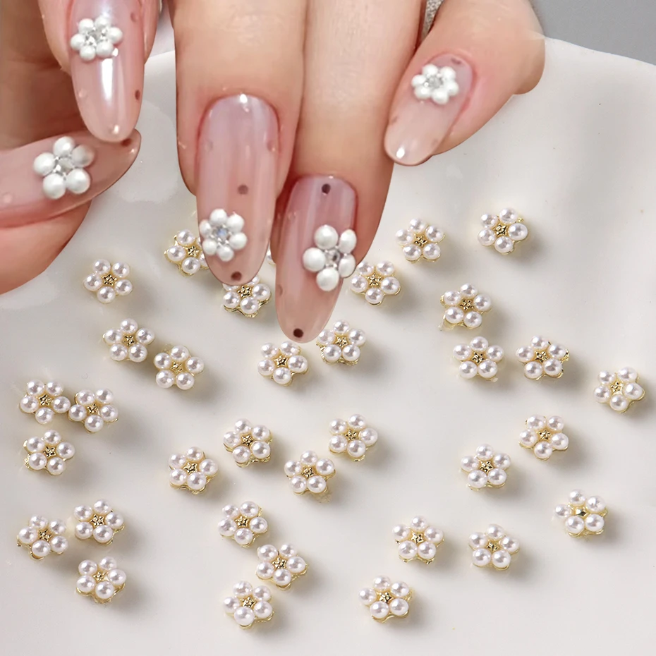 ชุดตกแต่งเล็บลายดอกไม้มุก 20 ชิ้น ดอกไม้สีขาวขนาดเล็ก ชาร์มตกแต่งเล็บ เครื่องประดับเล็บ หมุดยึดตกแต่งเล็บ อุปกรณ์ทำเล็บ