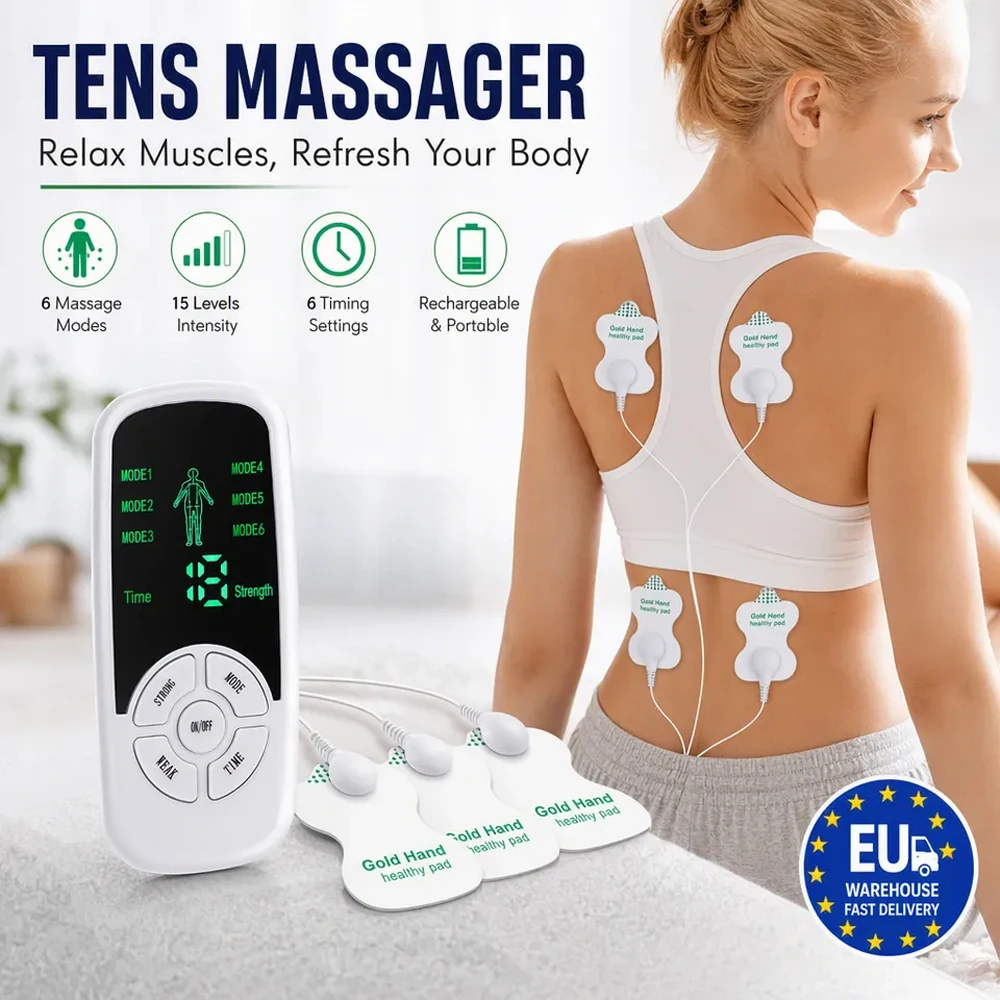 Stimolatore muscolare elettrico con 6 modalità e 15 livelli di intensità, massaggiatore con 4 elettrodi, dispositivo portatile per il rilassamento del corpo, ideale per l’uso in casa, in palestra, in