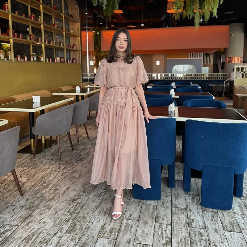 

2025 новое европейское и американское женское элегантное длинное платье из сетки с короткими рукавами и рюшами во французском стиле