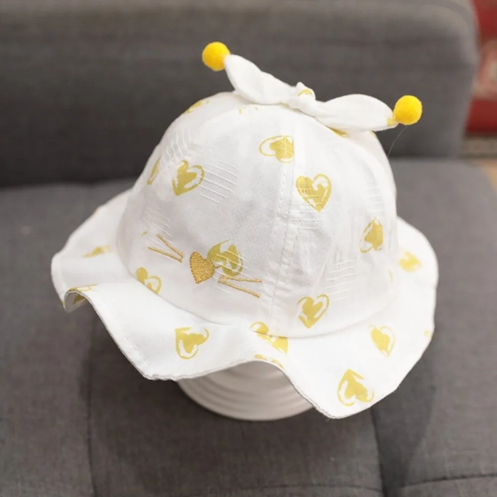 

Adjustable Heart Print Infant Bucket Hat Pleated Wide Brim Baby Sun Hat Bow Sunscreen Toddle Fisherman Hat
