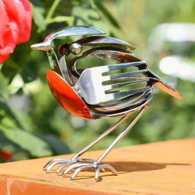 Metal Mockingbird Art Sculpture Handmade Stainless Steel Spoon Fork Robin Bird Desk Dining Table Office Desktop Small Ornament