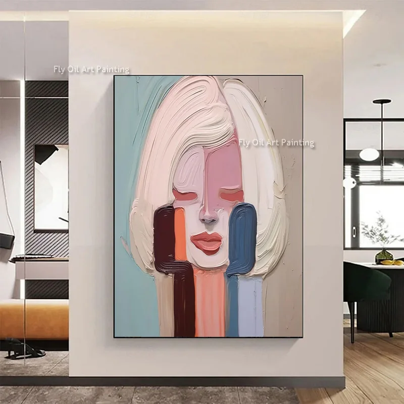 Abstract Green Brown White Women Portrait Oil Painting Hame Wall Decor Handpainted Pink Blue Beautiful Girl Canvas Artwork