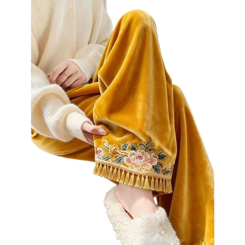 

Осень-зима 2026. Новые модные и удобные новые повседневные утолщенные брюки в китайском стиле с бахромой и широкими штанинами.