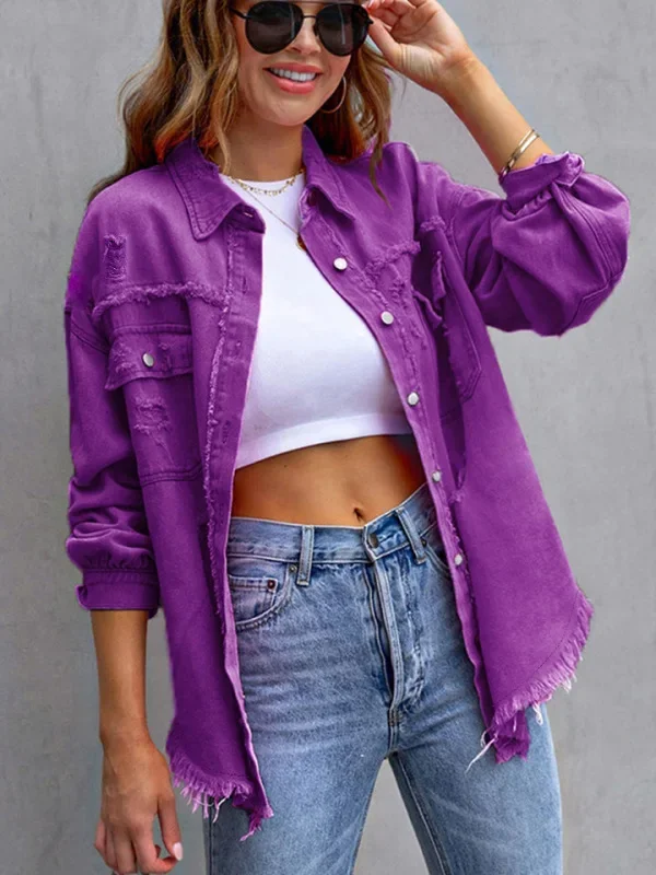 Women Fashion Pocket Hole Tassel Turndown Collar Denim Button Casual Boho Full Long Sleeve Spring Winter Cardigan Jacket Coats