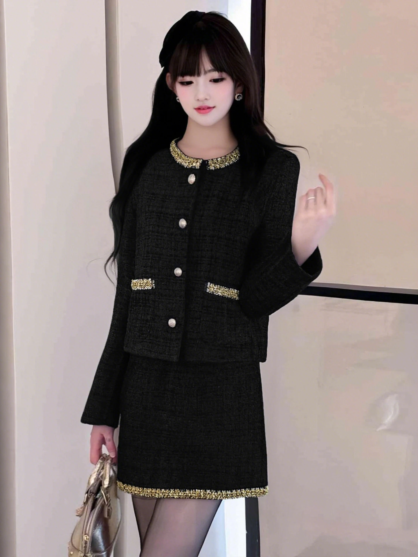 

Winter New Style Thickened Cotton Small Fragrance Style Set Dress High-End Feeling Two-Piece Set LJ0179A for Adult Women