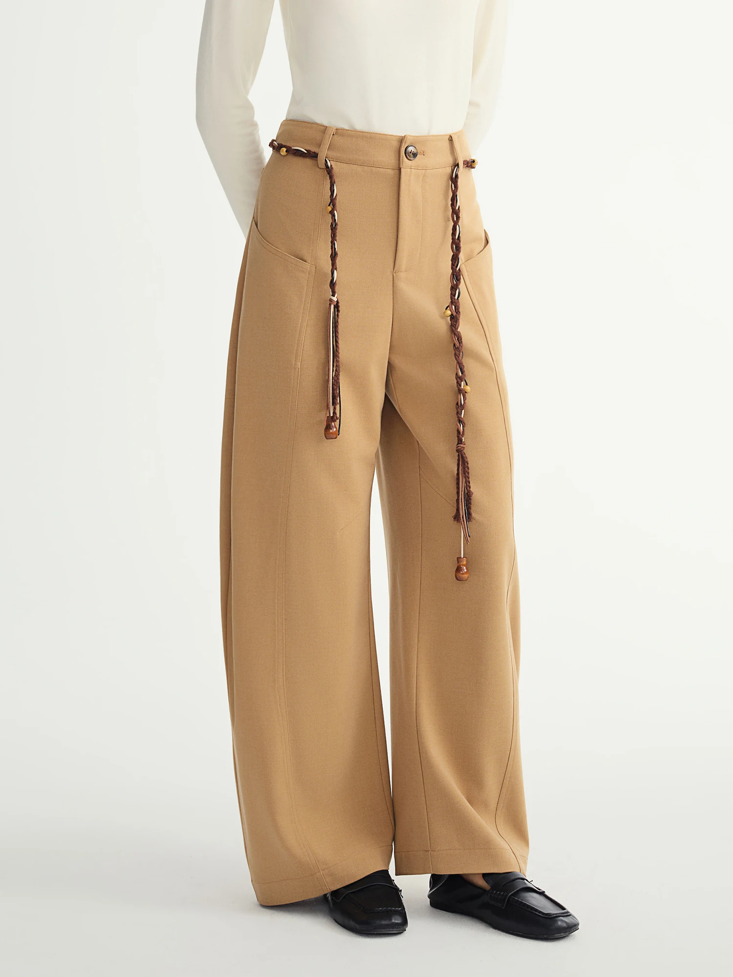 DUSHU Winter 2025 Women's Curved Hem Trousers - Office Casual Asymmetrical Wide Leg Pants with Elastic Waist Comfort Fit​