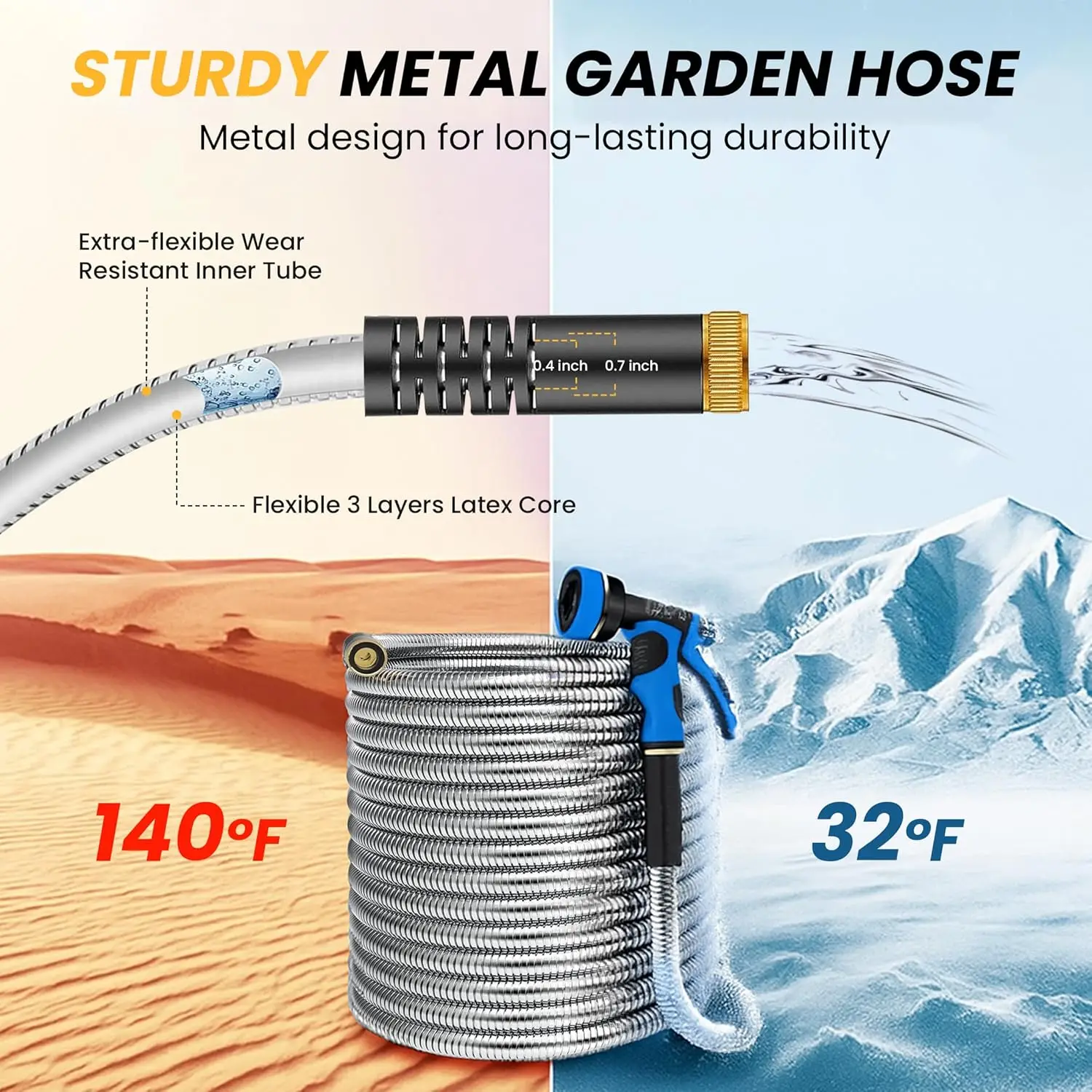 

Garden Hose 100ft, Metal Garden Hose, Flexible Water Hose with 10-Function Nozzle, Stainless Steel Heavy Duty Hose,Free Shipping