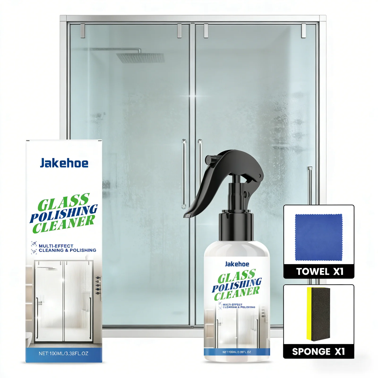 

Jakehoe Bathroom Glass Cleaner Tile Shower Door Water Spot Remover Cleaner for Scale on Glass Polishing Liquid with Towel Sponge