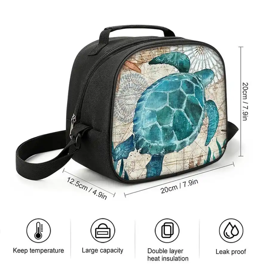 Green Sea Turtle Shoulder Strap Circular Lunch Bag For Boy And Girls Best Gifts 2D Cartoon School Lunch Box Bag For Children