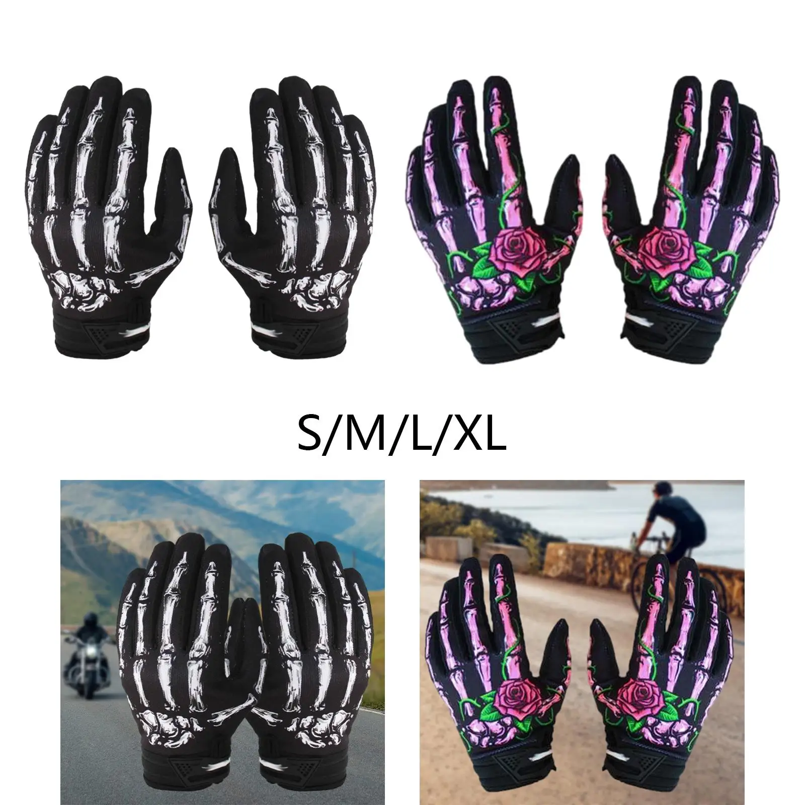 Skeleton Bones Pattern Motorcycle Gloves Anti Slip Breathable Cycling Gloves Riding Gloves for Halloween Props Multipurpose