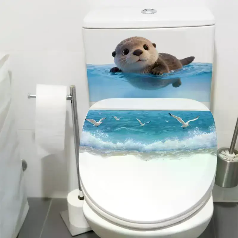Bathroom Wall Decor: Cute Otter Toilet Tank Sticker Ocean Wave PVC Decal Adhesive Wall Art Home Decoration