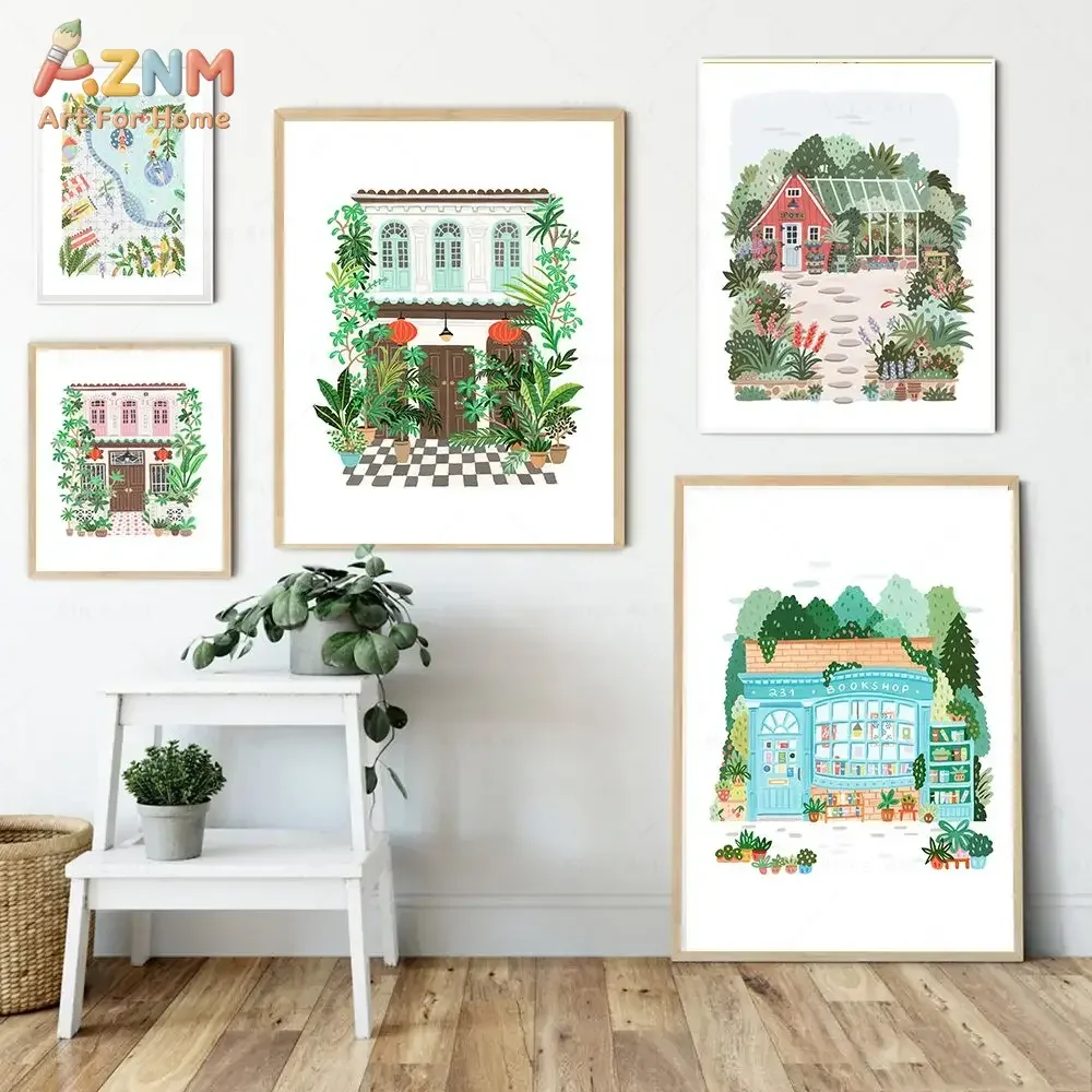 AZNM Colorful World City Canvas Wall Art Paris Tokyo Barcelona London Rome New York Travel Landmark Illustration Unframed Canvas
