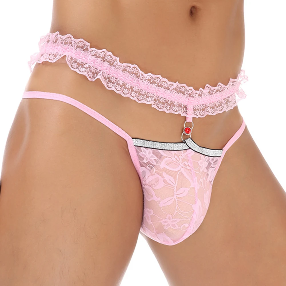 1pc Mens Sexy Lace Transparent Thong Gay Sissy Cross-dressing G-String Underwear Panties Low Waist Underpants Bikini T-back view 4