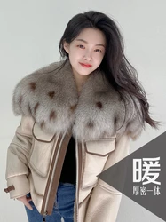 HDHOHR 2024New Fox Fur Collar Women Genuine Leather Shearling Jacket Winter Thick Warm Real Fur Wool Lining Sheepskin Short Coat