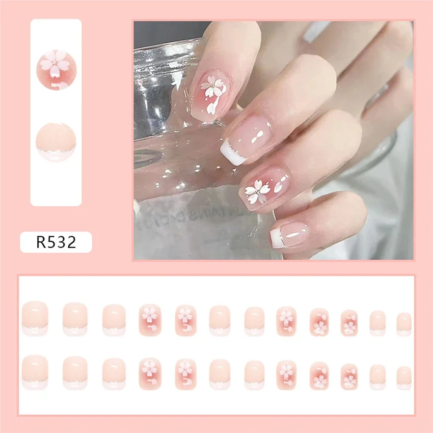 

24Pcs/Set Camellia Short Thin Fresh Press on Nail Full Cover Artificial Wearing False Nails Removable Adhesive Fake Nails Tips