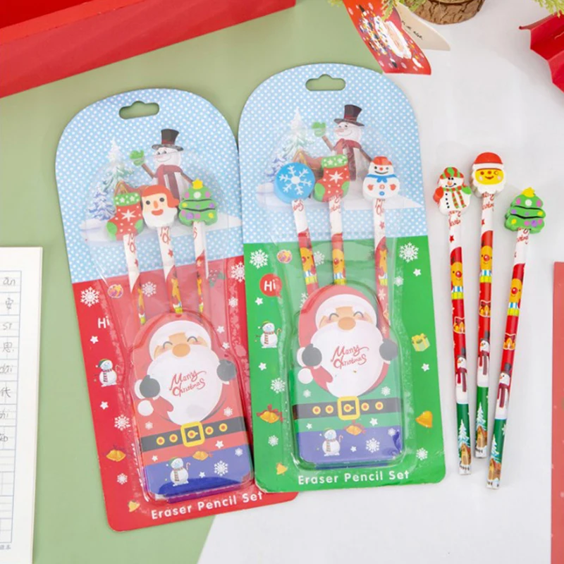 Natal Papelaria Set for Kids, Lápis Eraser, Escola e Escritório Escrita Suprimentos, Presente, 3pcs por conjunto