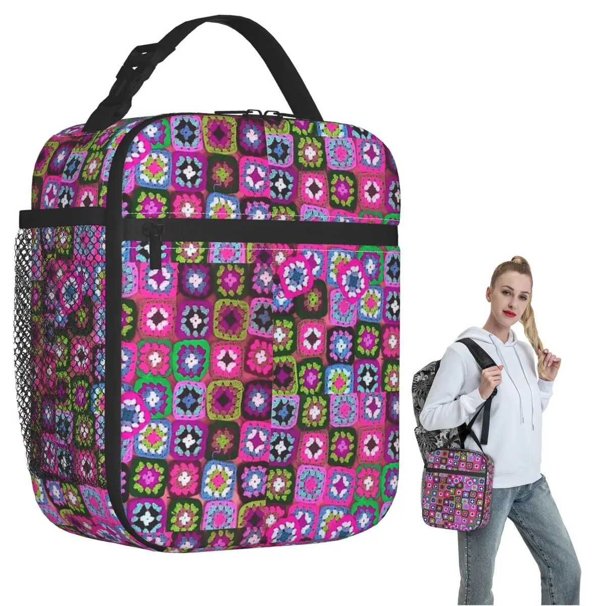 

Crochet Blanket Granny Square Vintage Insulated Lunch Bag for Women Children Portable Food Boxes Thermal Lunch Box Tote