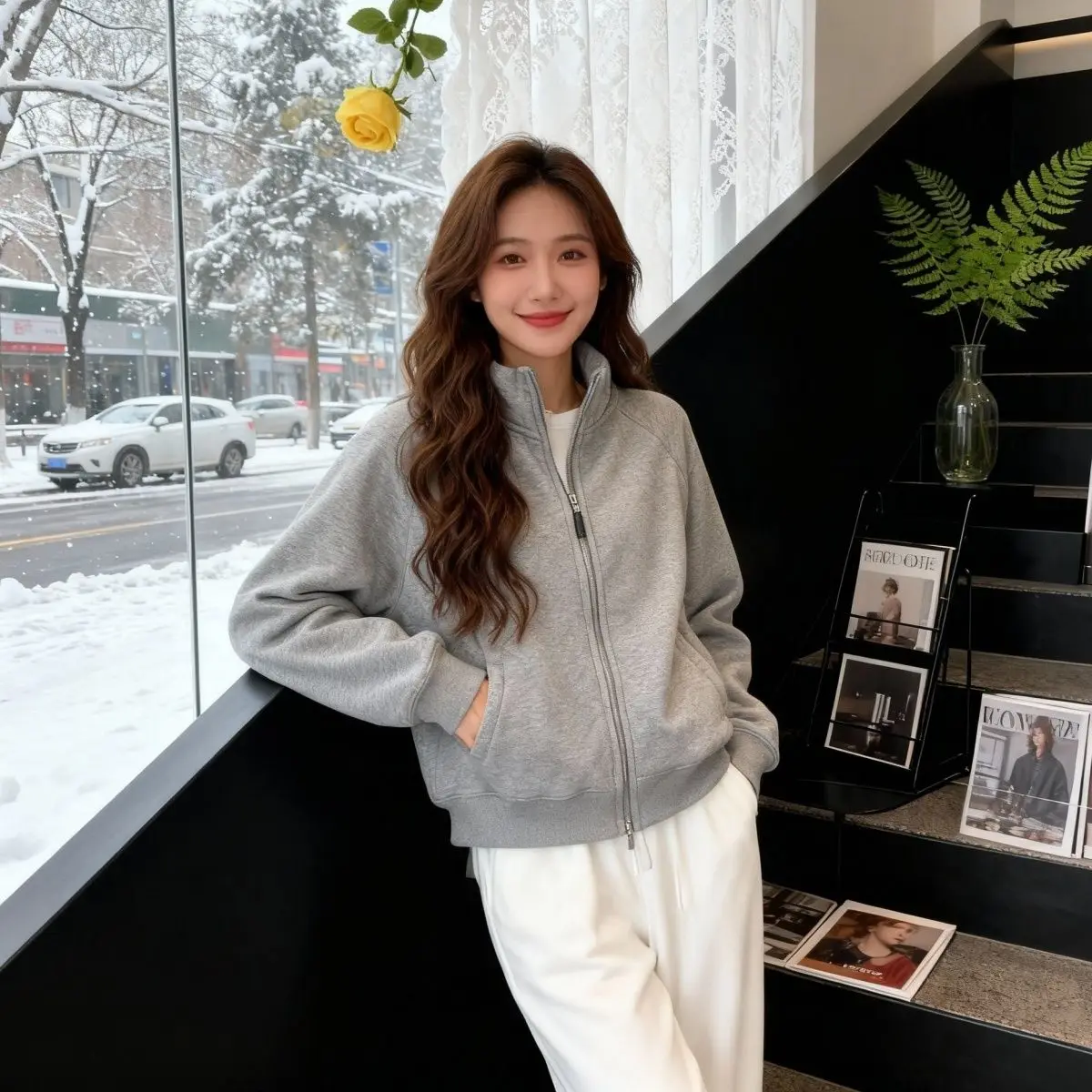 

Теплый женский зимний кардиган из овечьей шерсти на молнии, маленький размер, воротник-стойка, термоизоляционная верхняя одежда, свободный крой