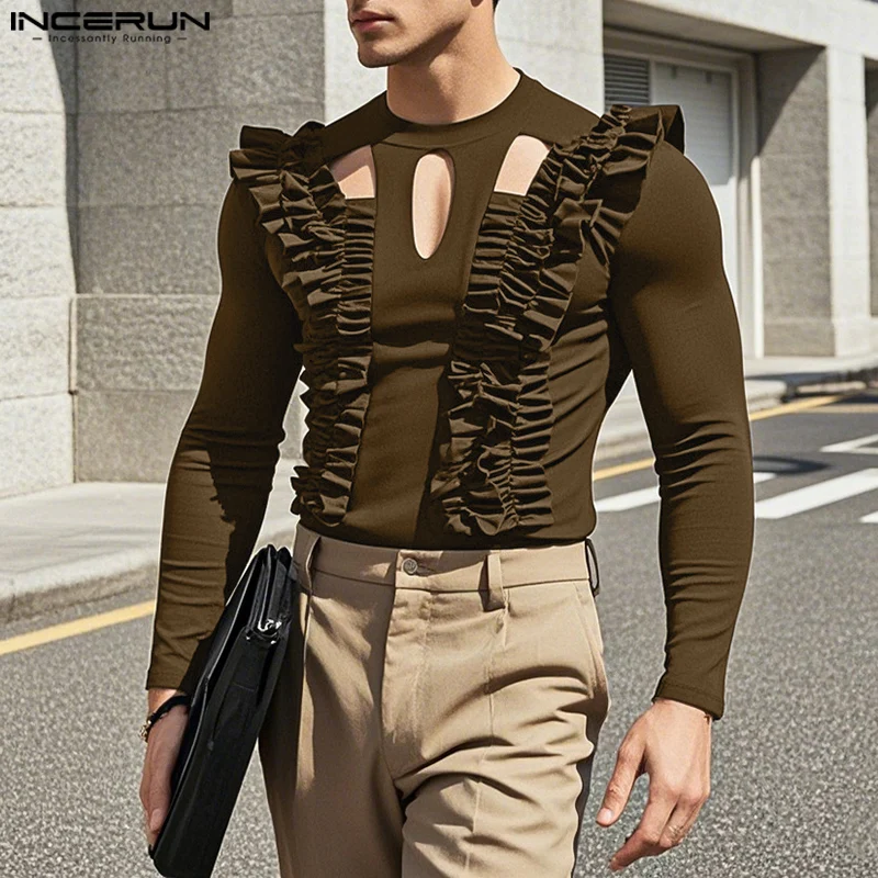 Casual T Shirts Men INCERUN 2025 Men Hollow Out T-shirts Handsome Male Solid Color All-match Long Sleeve Camisetas S-5XL