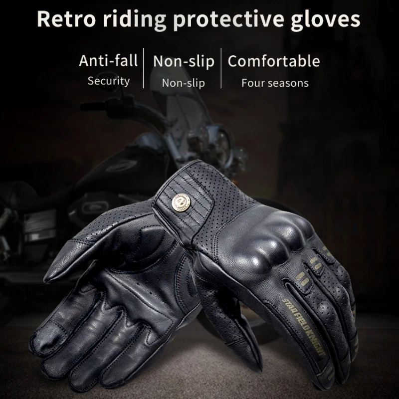 SFK Black Motorcycle Riding Gloves Summer Breathable Real Goat Leather Wear-resisting PVC Hard Shell Protection Touch Screen