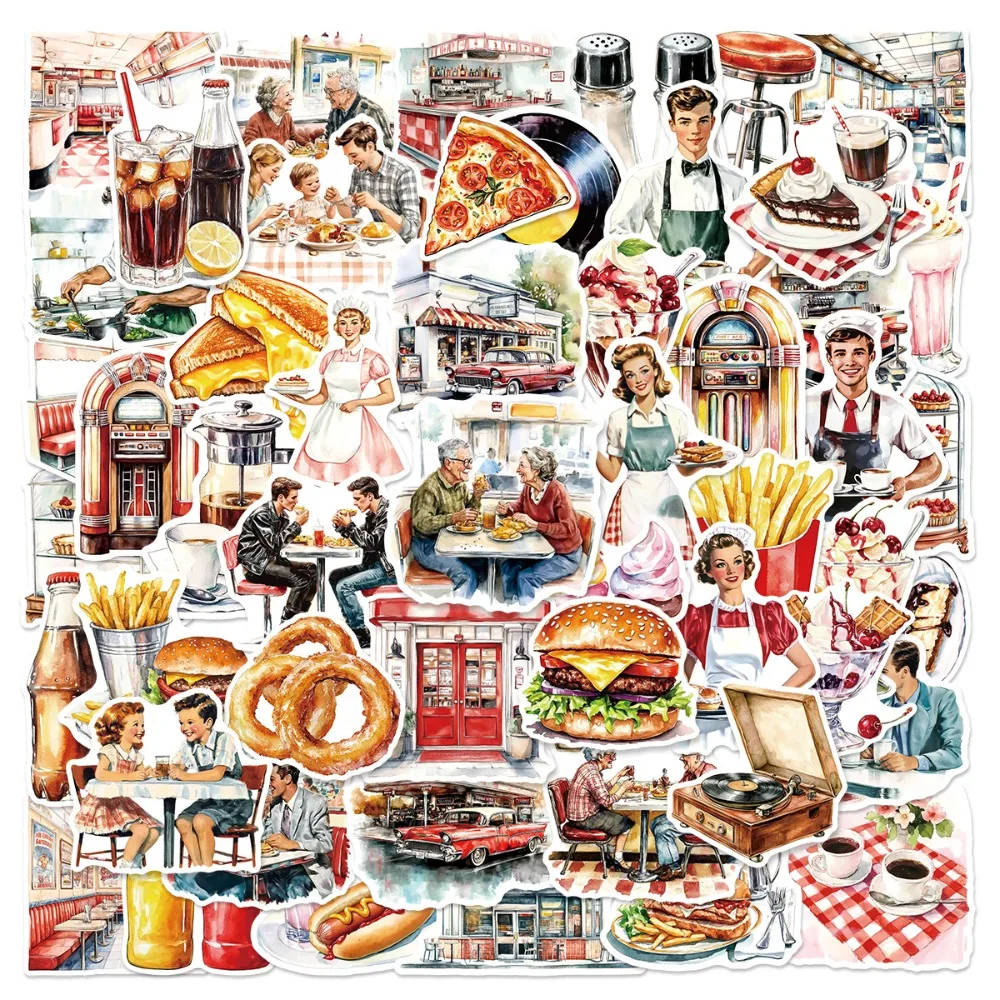 

10/25/50pcs Retro Restaurant Food Graffiti Stickers Travel Holiday Decals for DIY Phone Laptop Suitcase Speaker Helmet Bottle