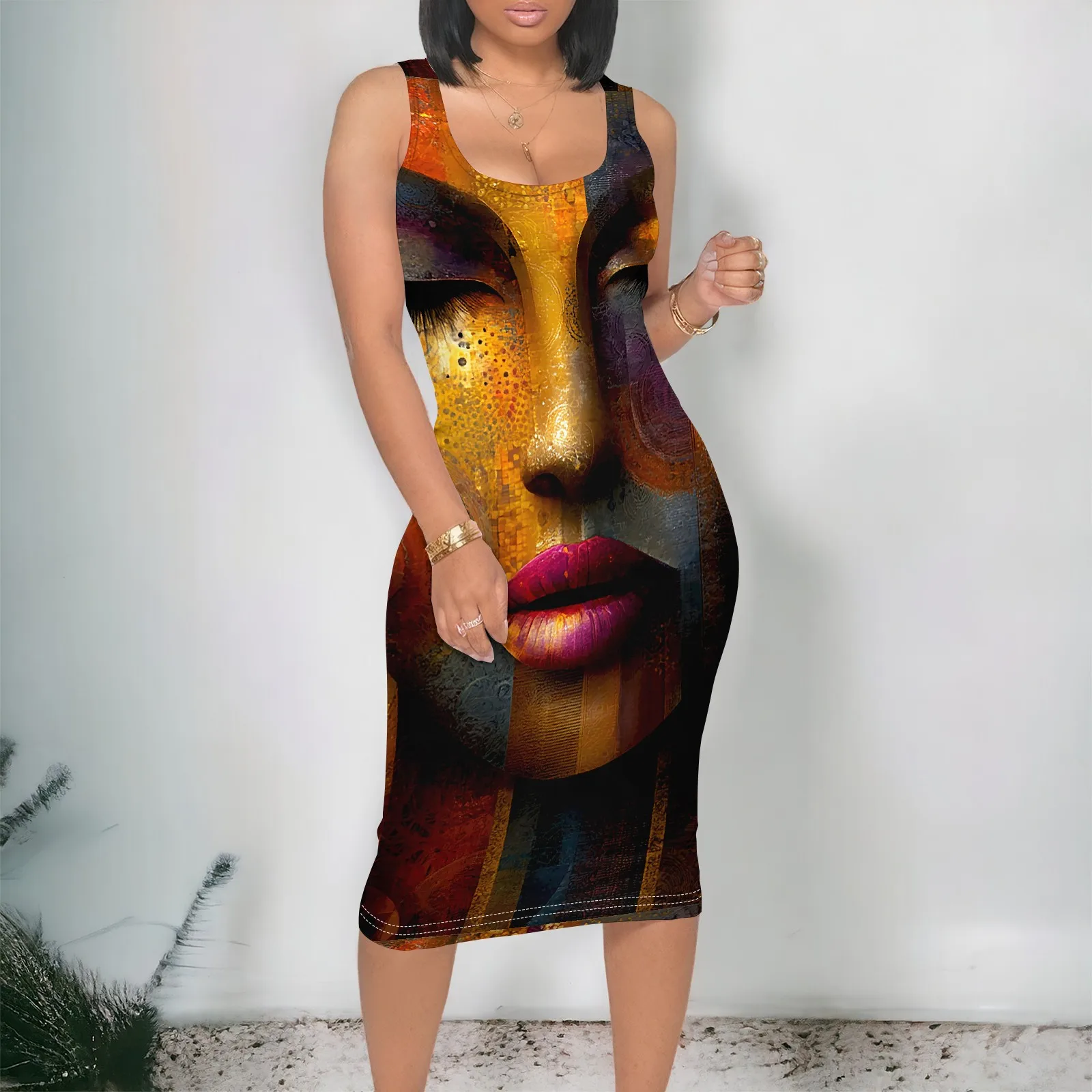 

Artistic Face Print Plus Size Dress | Sleeveless Bodycon Summer Dress | Colorful Design S-3XL | Ideal for Art Events & Parties