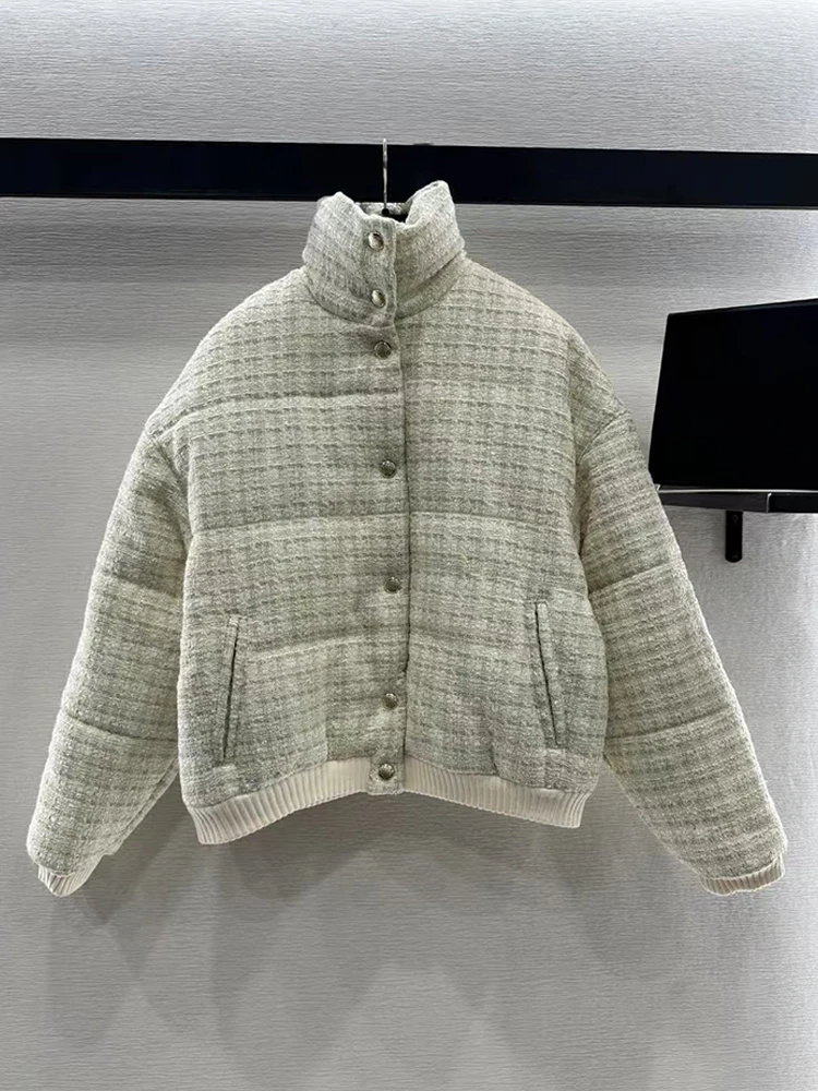 2024 winter women's new vintage woven plaid wool stand-up collar cotton-padded jacket fashion everything straight jacket