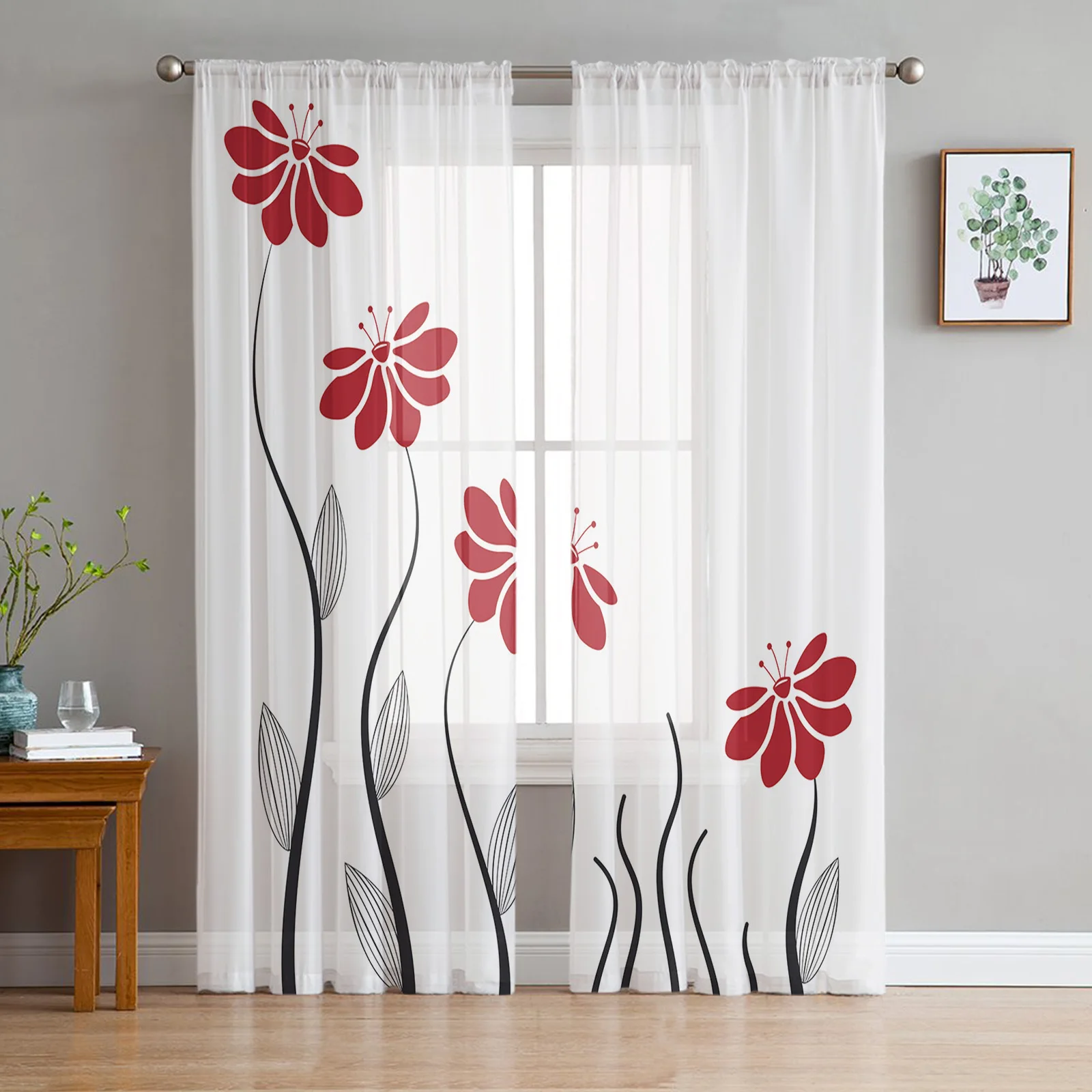 Red Flower Lines Plant Sheer Curtains for Living Room Decoration Window Curtains for Kitchen Tulle Voile Organza Curtains