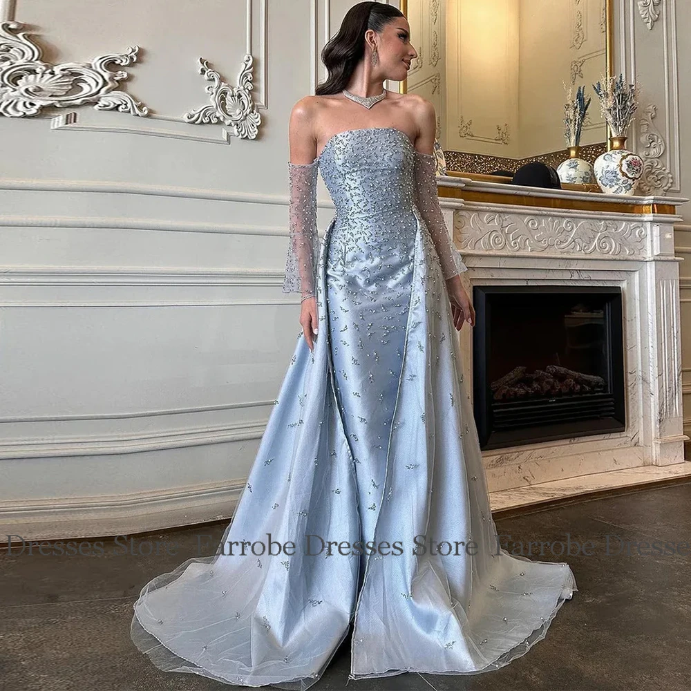 Elegant Birthday Party Dresses Satin Sheath/Column 2025 Luxury Evening Dress Blue Strapless Pearl Beadings Celebrity Gown Long