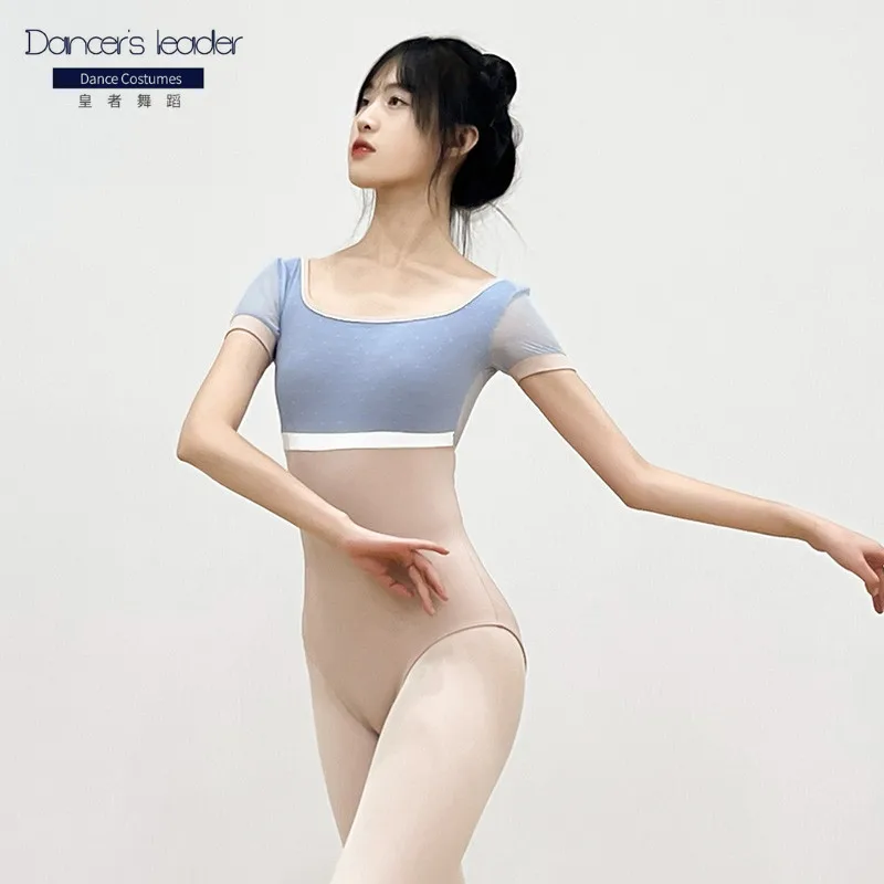 

Ballet Leotard For Women's Practice Dress Short Sleeve Dot Mesh Stitching Gymnastic Leotard Ballerina Performance Dress