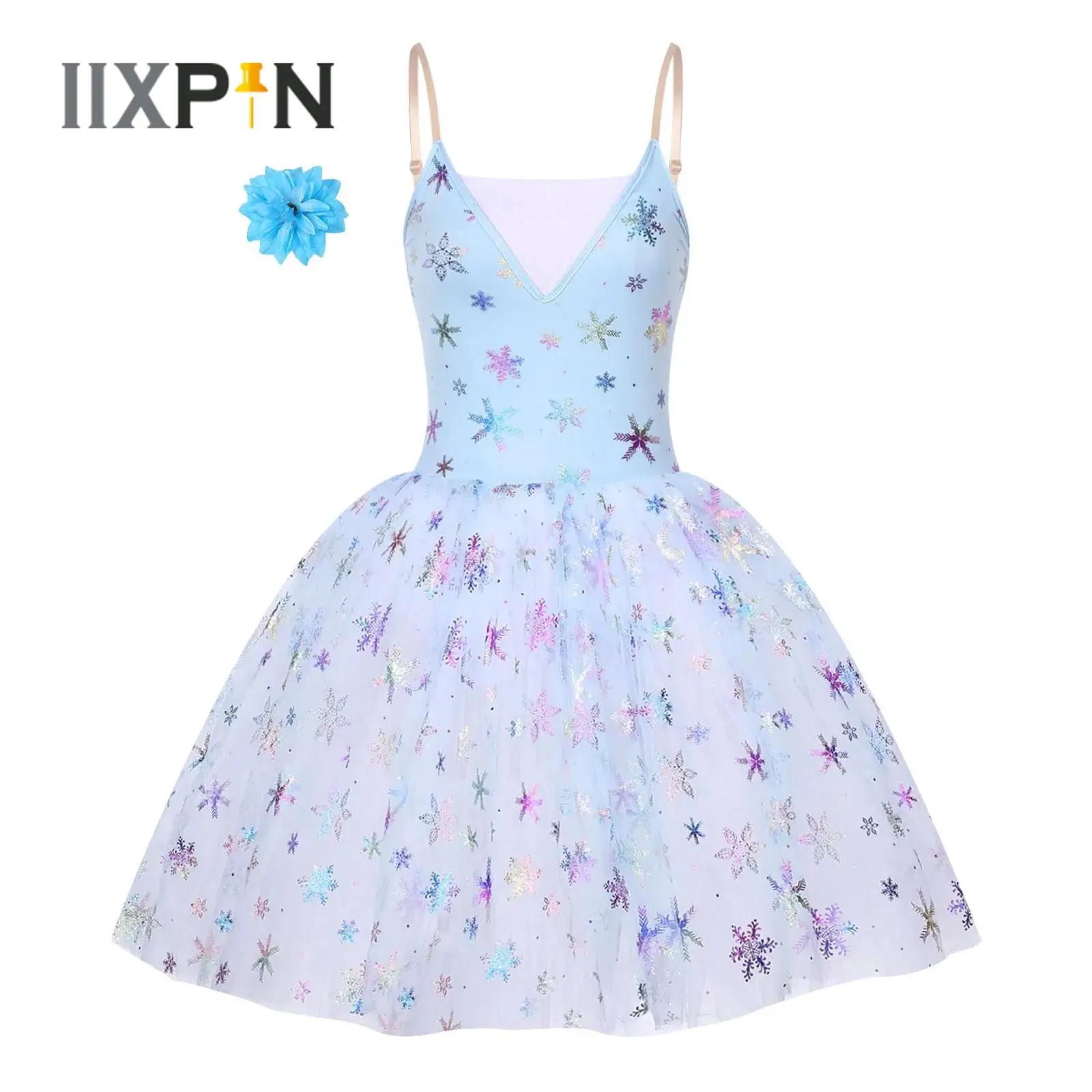 

Ballet Tutu Skirt Women Dress Dance Performance Clothing Shimmering Snowflake Spaghetti Straps Tulle Dresses+Flower Hair Clip