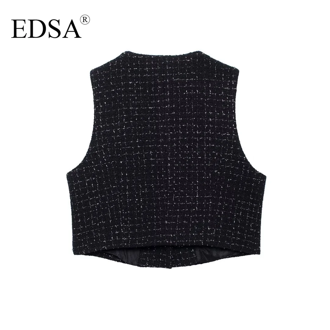 EDSA Women Black Textured Shorts Set 2 Pcs Round Neck Cropped Waistcoat & Shorts Skirt for Female Suits Streetwear