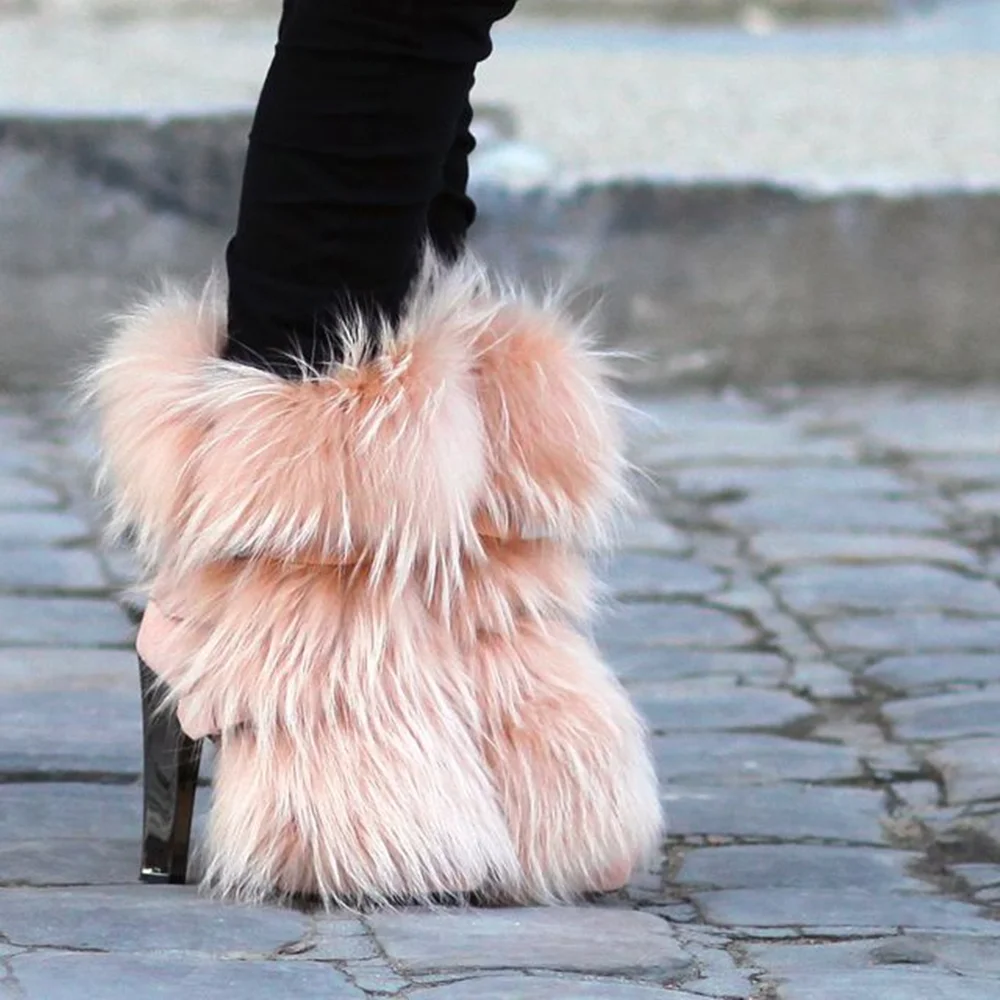

Pink Faux Fur Platform Chunky Heels Ankle Boots Plush Multi-Layered Fur Trim Fashion Round-Toe Soft Warm Custom Women's Boots