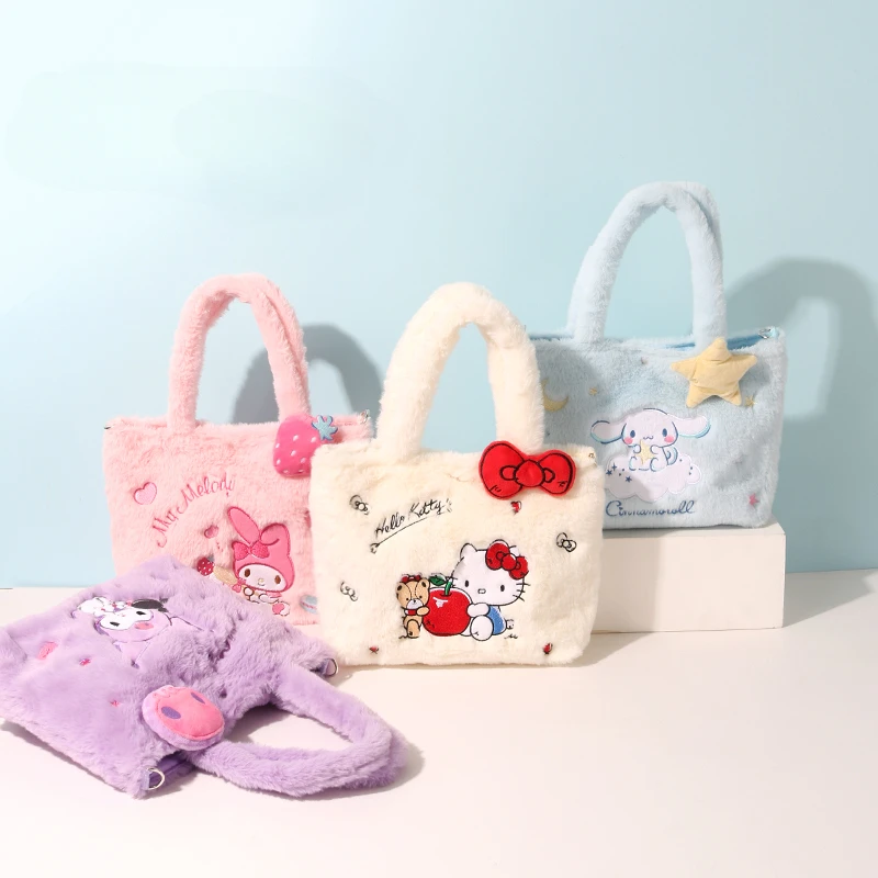 Sanrio Kawaii Cinnamoroll Plush Hand-held Crossbody Bag Cute Hello Kitty Organizer My Melody Plush Storage Bag School Supplies