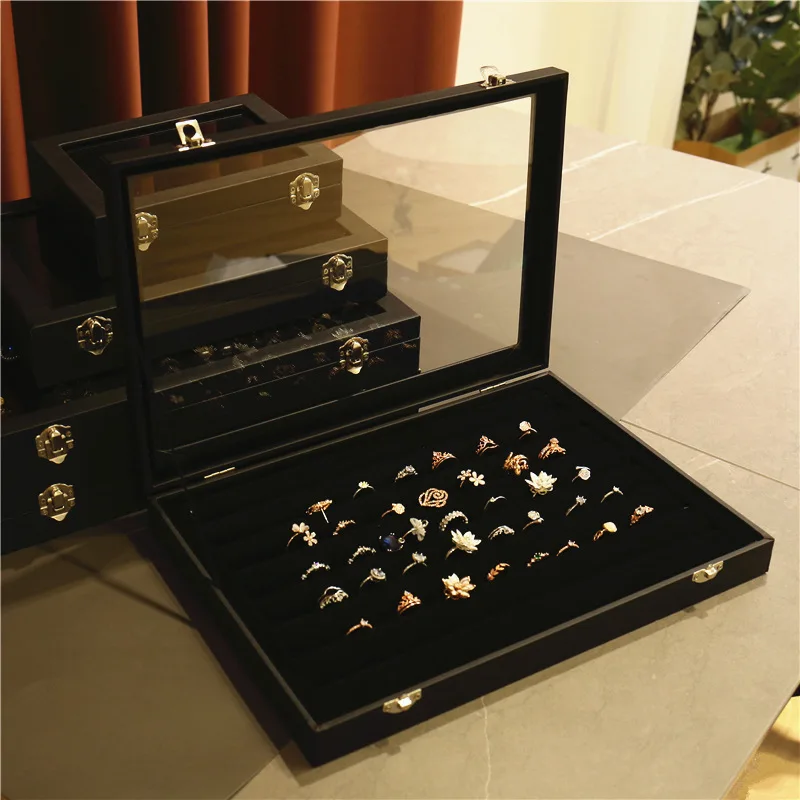 Black jewelry box for necklaces, rings, earrings, bracelets, antique items, with a grid storage display lid, dust-proof glass