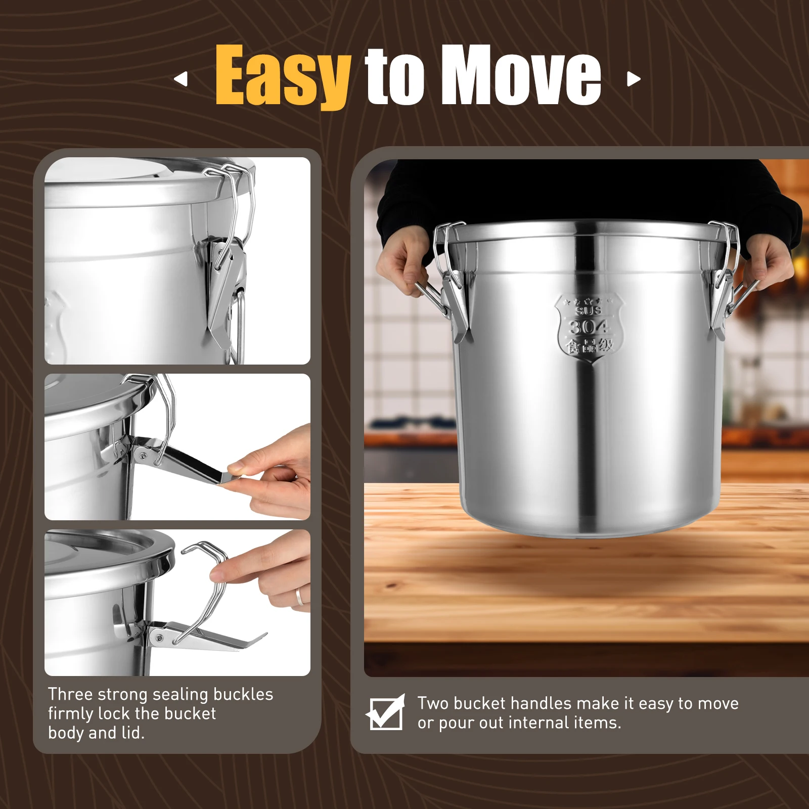 Recipiente hermético de 33L em aço inoxidável 304, recipiente de armazenamento de 3,2Gal com braçadeiras de travamento e tampa para arroz, farinha, cozinha de grãos