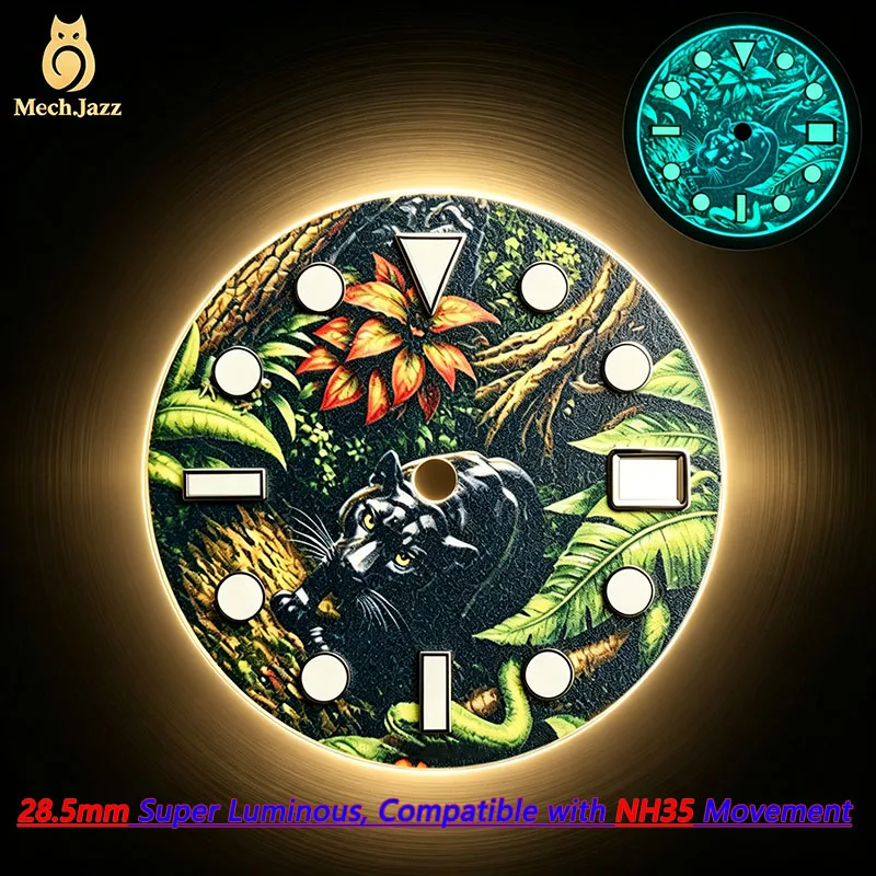 MechJazz 28.5mm Jungle Panther Watch Dial, Super Luminous Dial with Date Window, Fits NH35 Movement, Watch Modification Parts
