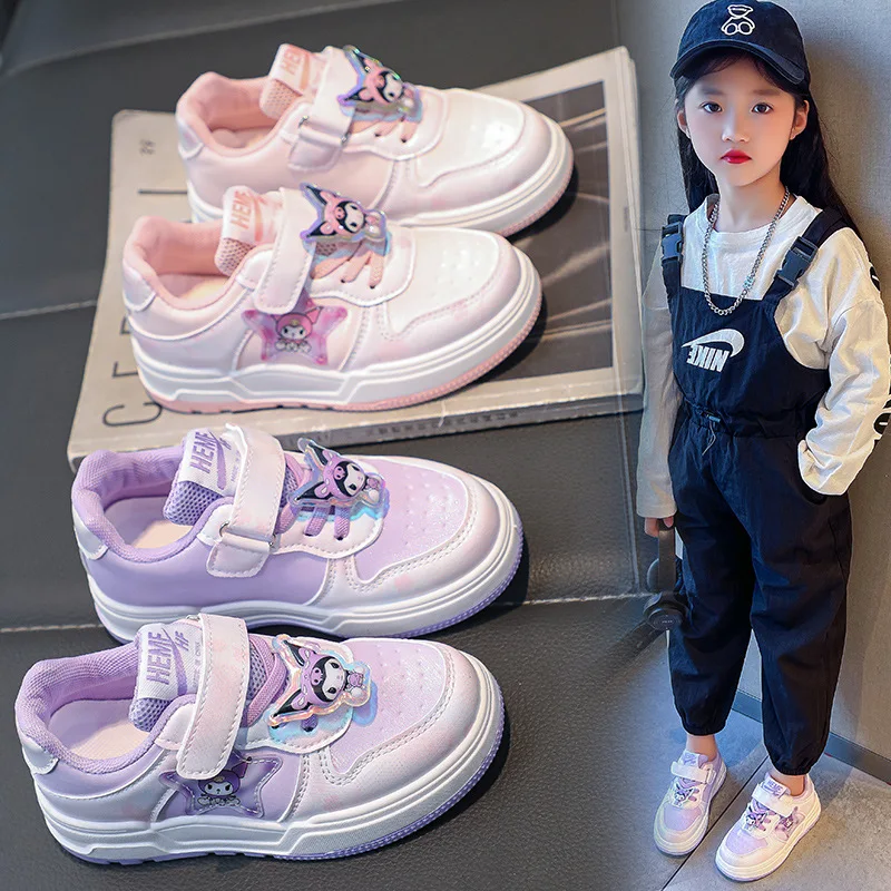 Sanrio Kuromi Shoes for Kids PU Leather Sneakers Cartoon Casual Shoes Kawaii Low State Children Girls Walking Sports Shoes