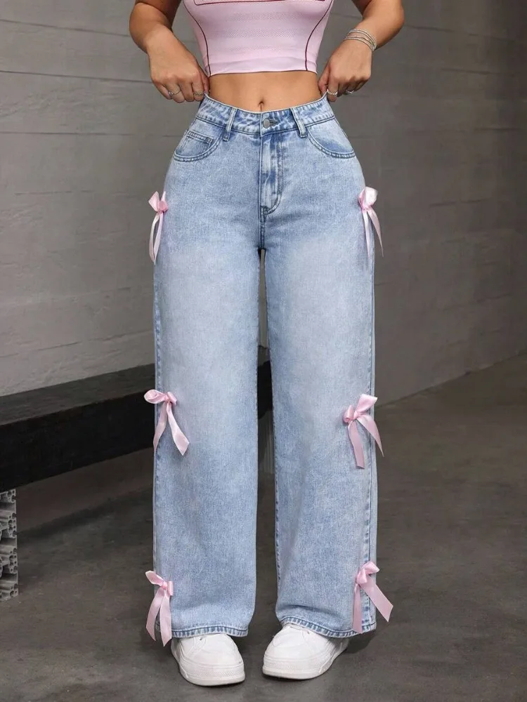 HOUZHOU Women Casual Bowknot Decor Jeans Y2k Blue Baggy Denim Trousers Loose Straight Sweet Coquette Aesthetic Washed Jeans