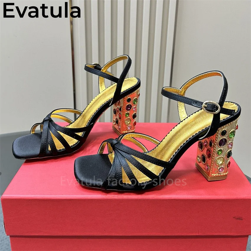 Evatula Multicolored Gemstone Chunky High Heels Sandals Women Open Toe Ankle Buckle Sandals 2025 Summer Sexy Party Shoes Woman