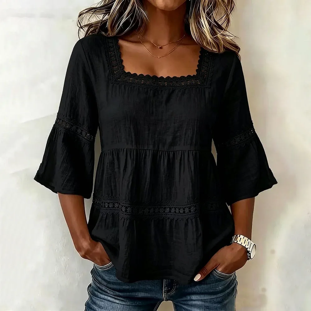 

Casual Lace Square Collar Loose Tops For Women Summer 2026 Fashion Solid Color 3/4 Sleeve Square Collar Blouses Elelgant